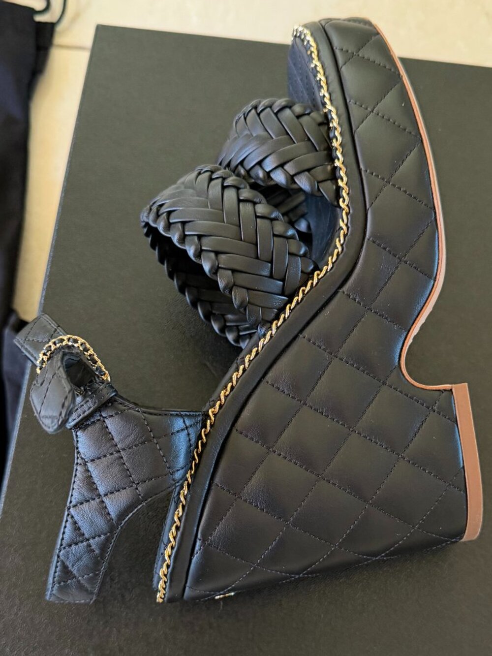 Chanel Quilted Braided Strap CC Chain Link Wedge Platform Sandals NWT